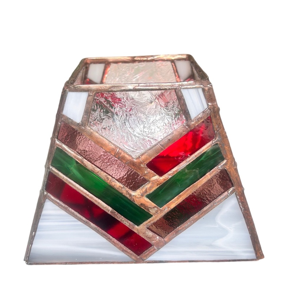 Vintage Stained Glass Tea Light Candle Holder Red Green White Chevron Geometric